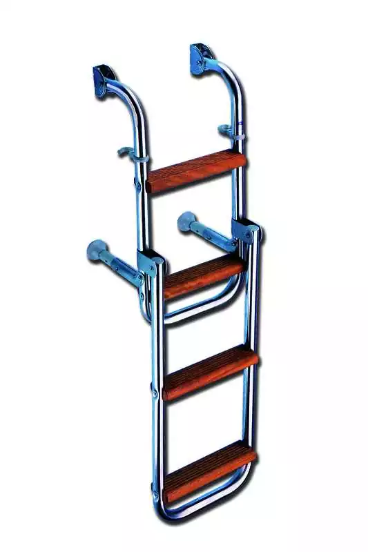 Echelle de bain inox 4 marches en bois 2 + 2 marches tube 25 mm H 105 cm Larg 285 mm