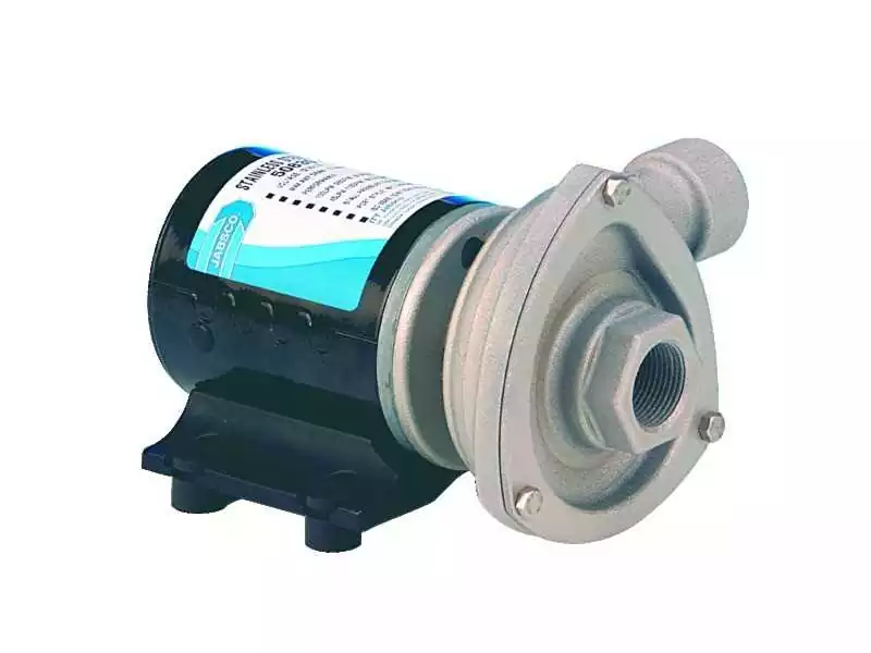 Pompe centrifuge Cyclone 12V 10A corps en inox débit max 110 L/mm raccords 3/4"
