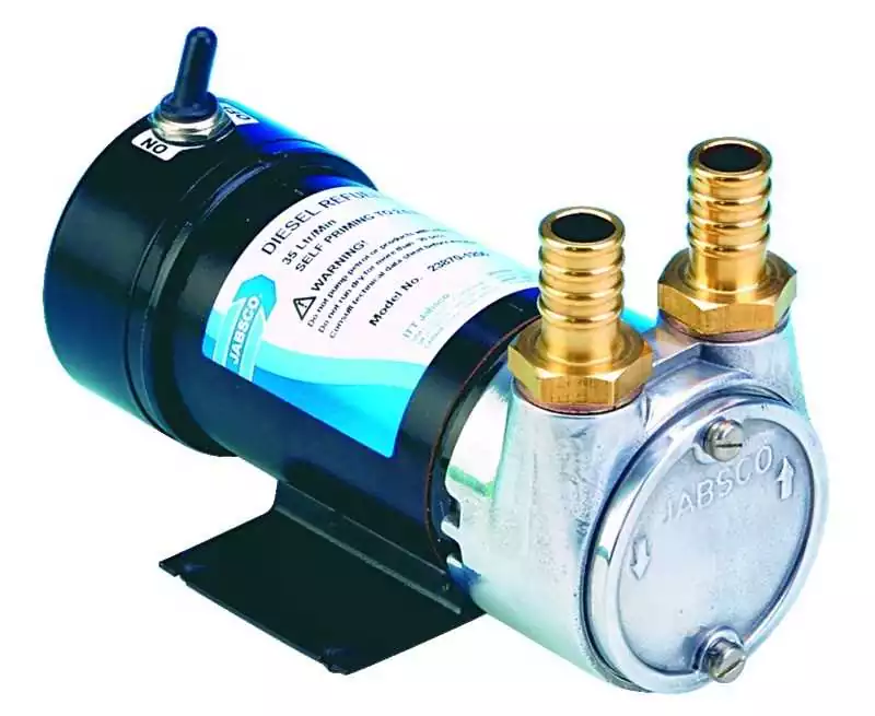 Pompe à palette auto-amorçante transfert diesel/huile 12V 20A débit 35 L/mn raccords 19mm