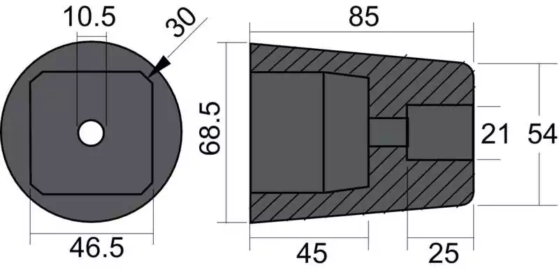 Anode embout d'arbre conique avec carré diamètre 68mm