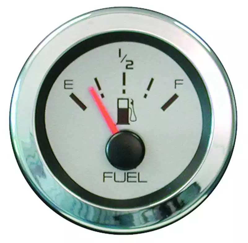 Jauge à carburant noires sur fond argenté translucide enjoliveur en inox poli 52 mm