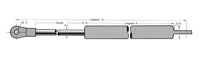 Compas à gaz Force 35N Verin Course 200mm Longueur D 492/292mm Longueur E 240mm