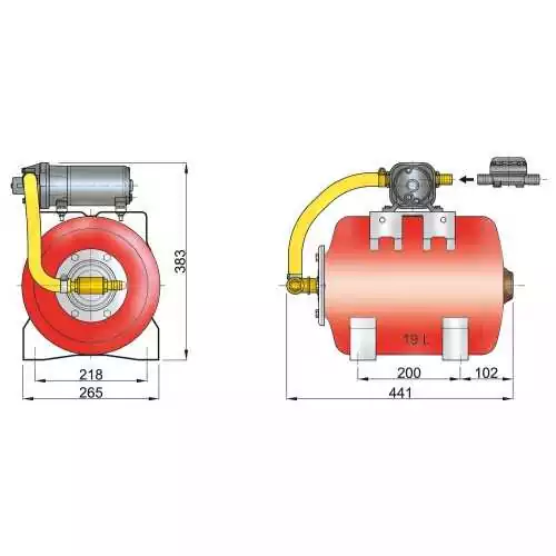 Groupe d'eau 12 Volts avec réservoir sous pression 19 litres 2.8 Bars raccord 19 mm