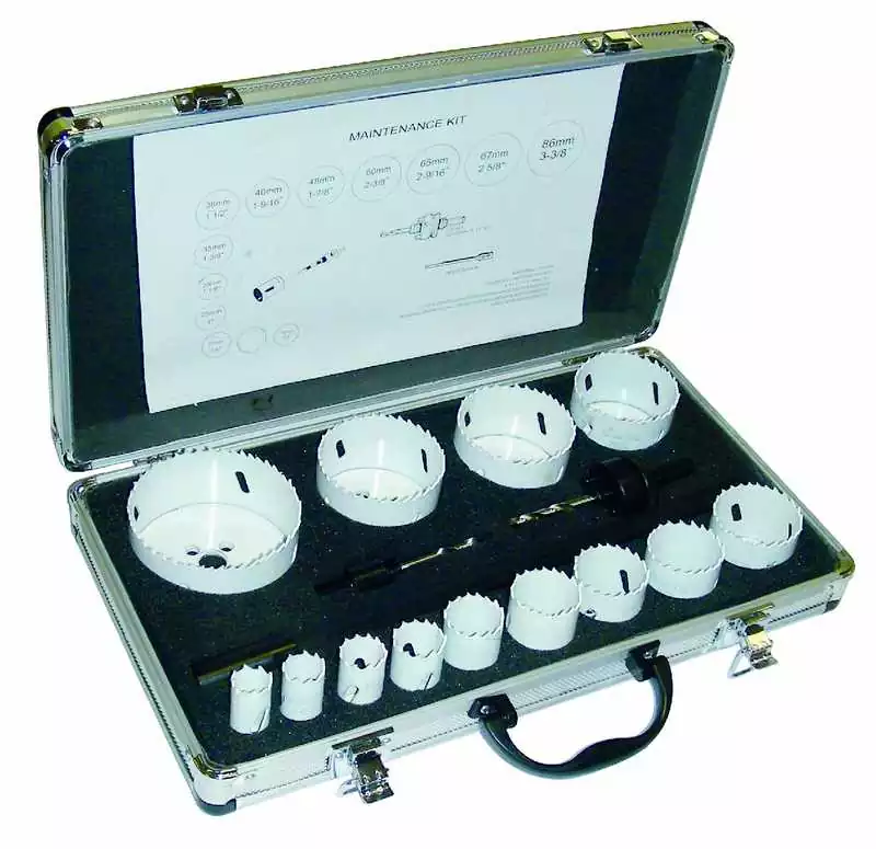 Coffret Trepans 13 pièces multi usages diamètre 19 à 86mm avec 2 mandrins et 1 rallonge