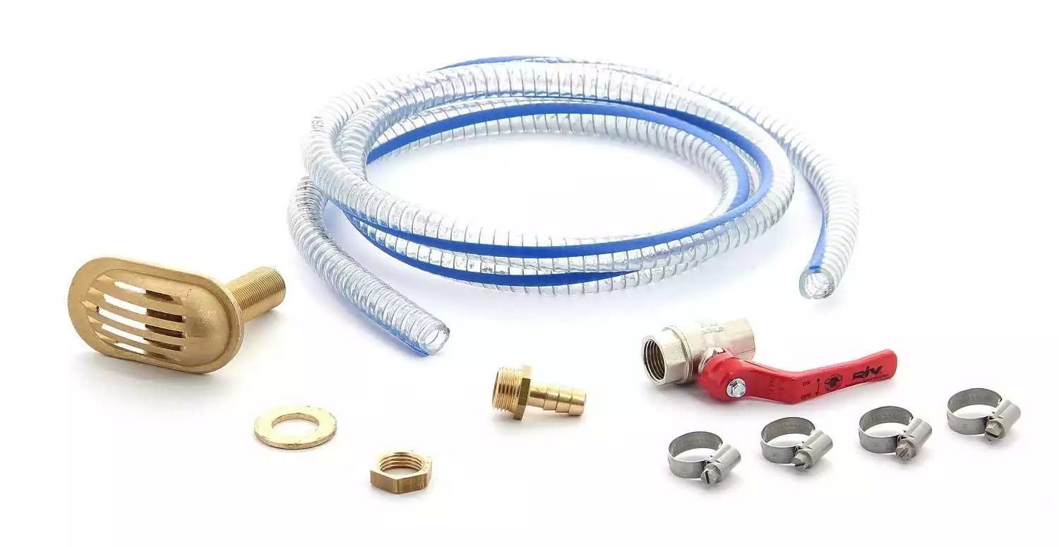 Kit pour filtre eau 32 mm avec crepine raccord annelé vanne à sphere et colliers serrage