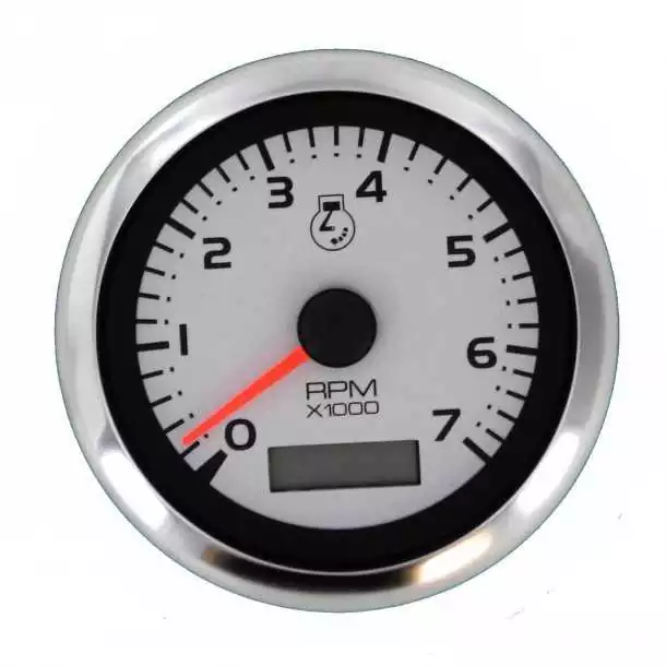 Compte-tours et horamètre Affichage 0 - 7000 tr/mn Taille 85 mm Emetteur Bobine ou alternateur fond argenté