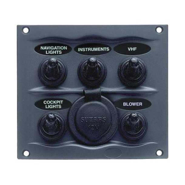 Tableau étanche noir 5 interrupteurs avec prise