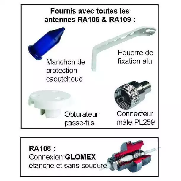 Antenne VHF RA106 GRPSB25 3db fibre 0,90m câble 25m pour voilier