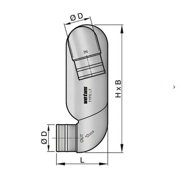 Col de cygne plastique TYPE LT pour tuyaux d'échappement diamètre entrée 65mm sortie 65mm