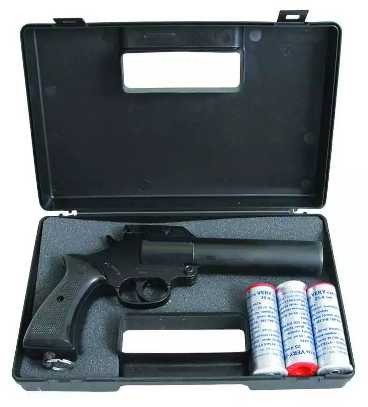Malette pistolet lance fusée calibre 4 avec 3 cartouches rouges